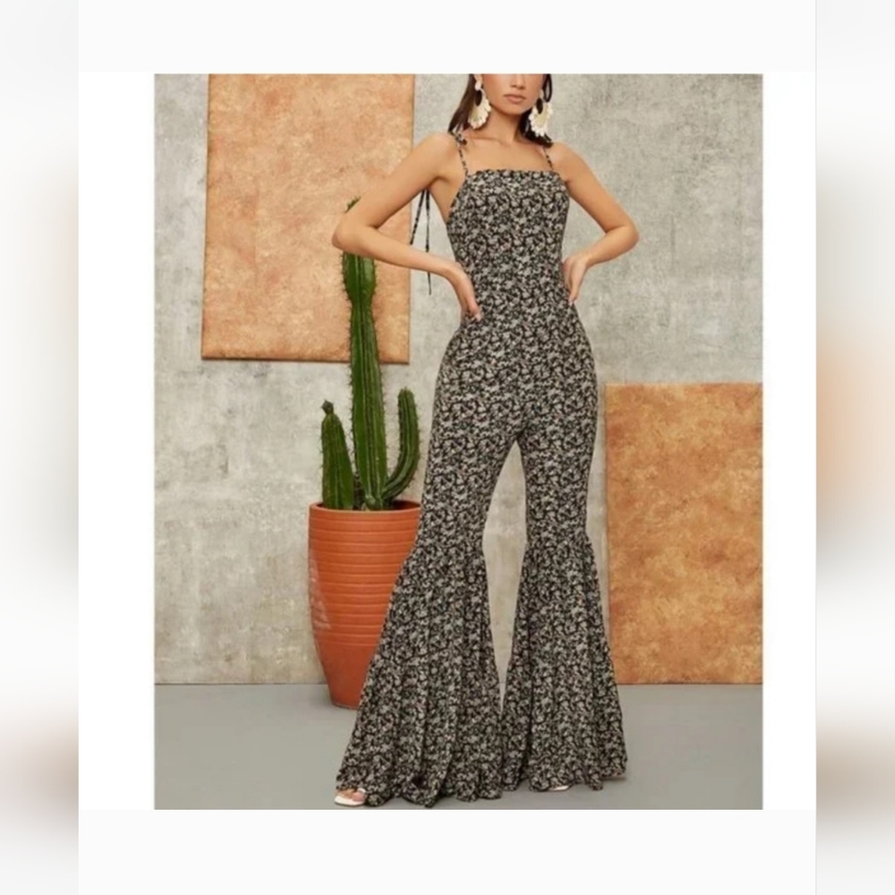 Floral Jumpsuit-Extra Wide Bell Bottoms- Black, Brown, White.